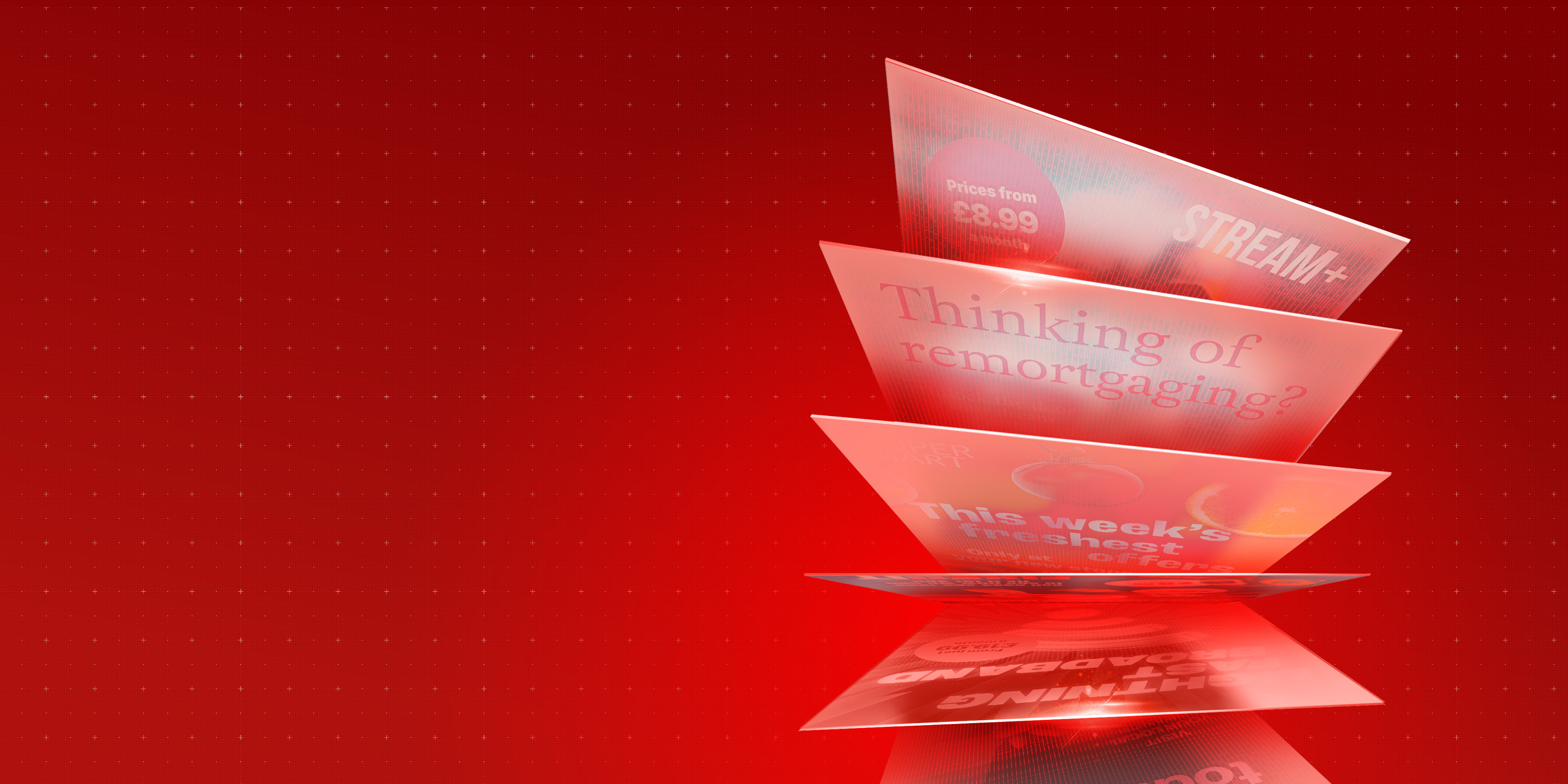 A stack of report covers arranged against a red background.