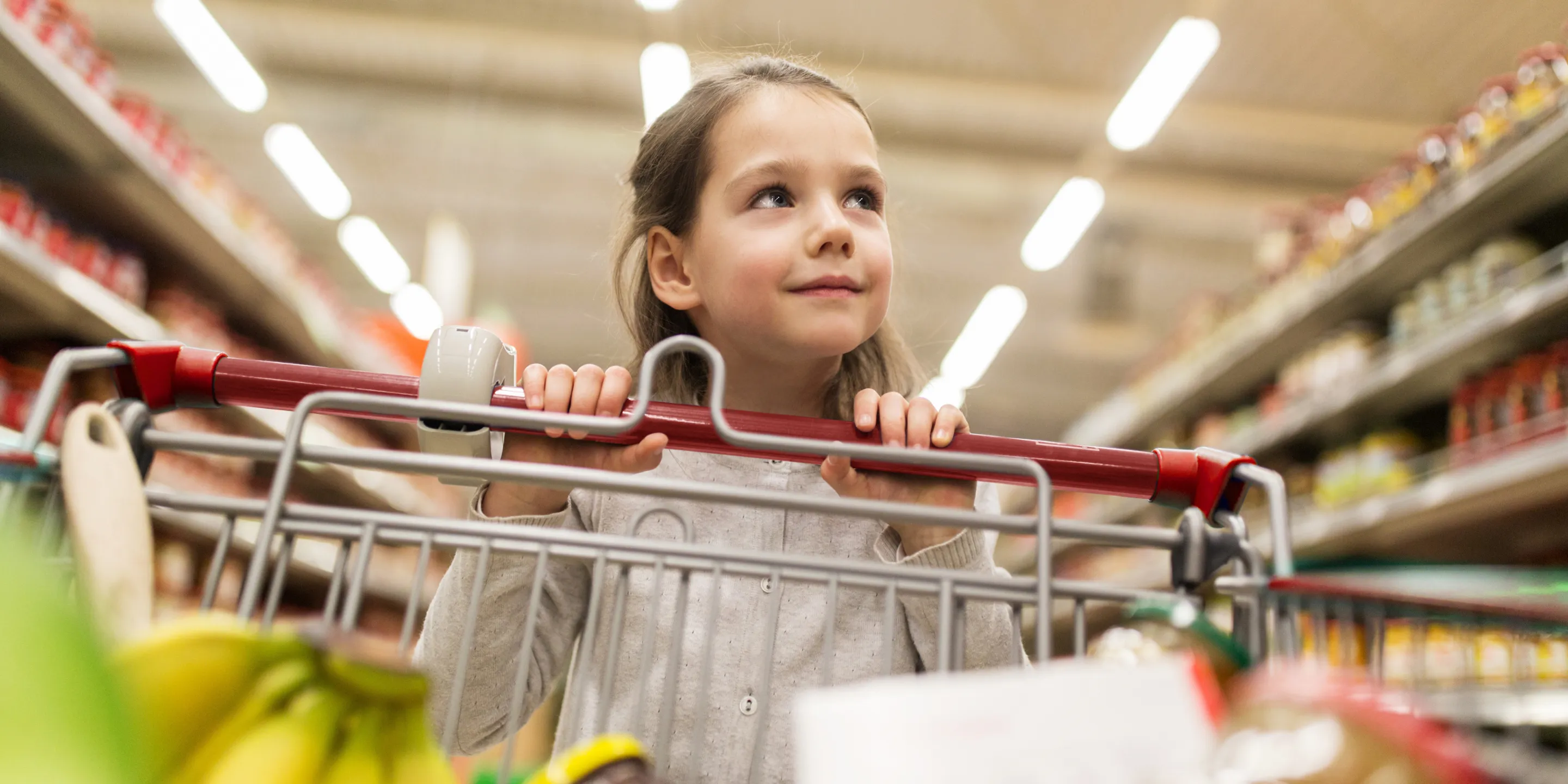 Girl pushing a shopping cart